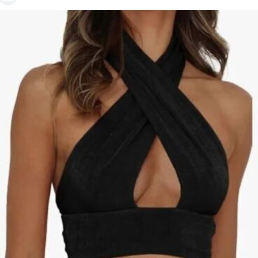 Black Stretchy Criss Cross Backless Halter Top by Dealmore ~ XS